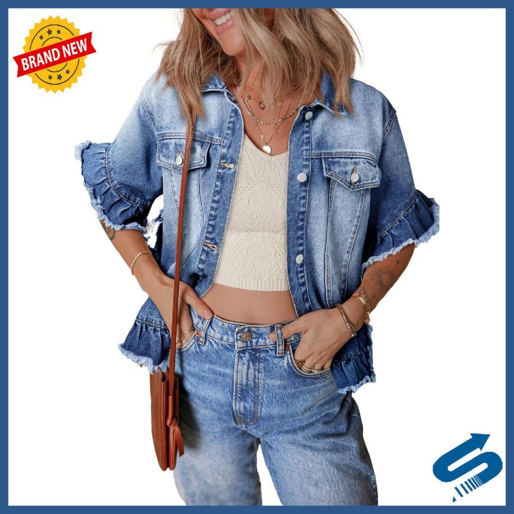 Short Sleeve Denim Jacket With Ruffle Hem, Regular Fit, Washed Finish